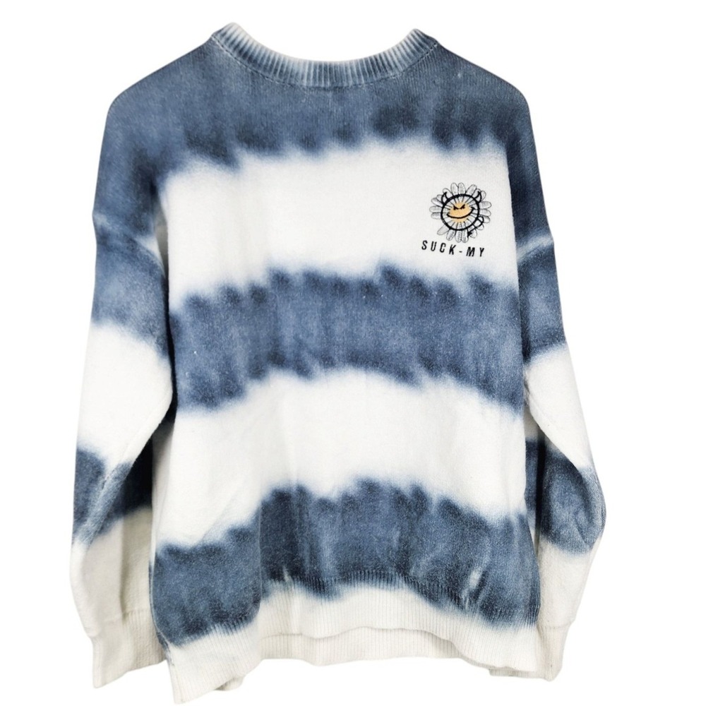 SUCK-MY Sweater Women Medium Blue Tie Dye Daisy Graphic‎ Knit Pullover
